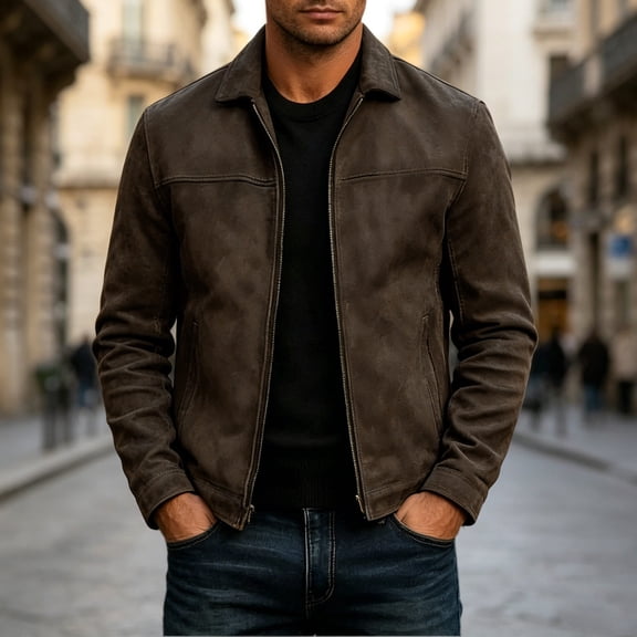 Caywon Men's Outerwear Jackets, Faux Leather Zip Up Collared with Pockets and Slim Fit, Solid Color Casual Motorcycle Biker Fall Winter Daily Wear for Men