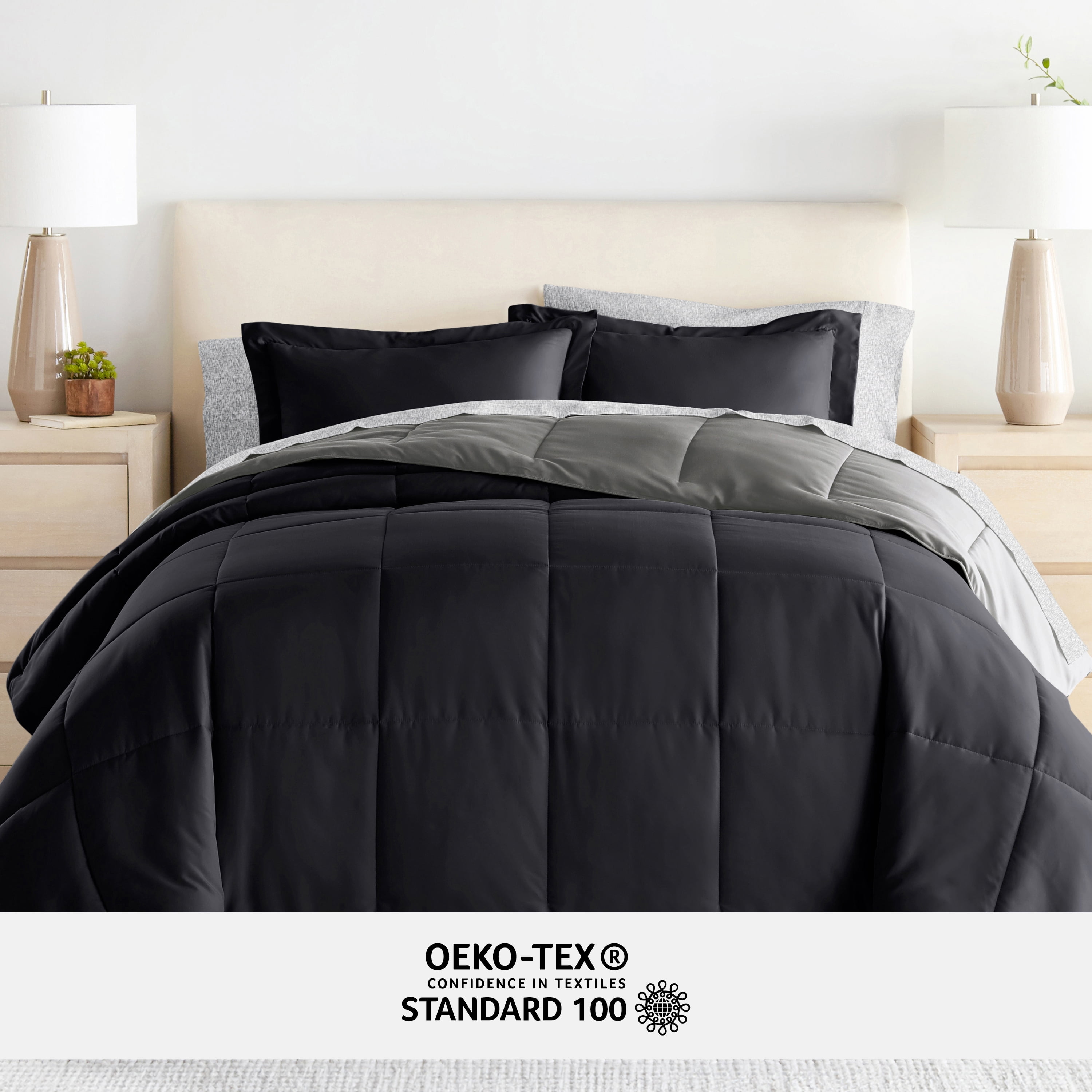 Noble Linens 7 Piece Bedding Bundle, Reversible Comforter and Patterned Sheet Set, King