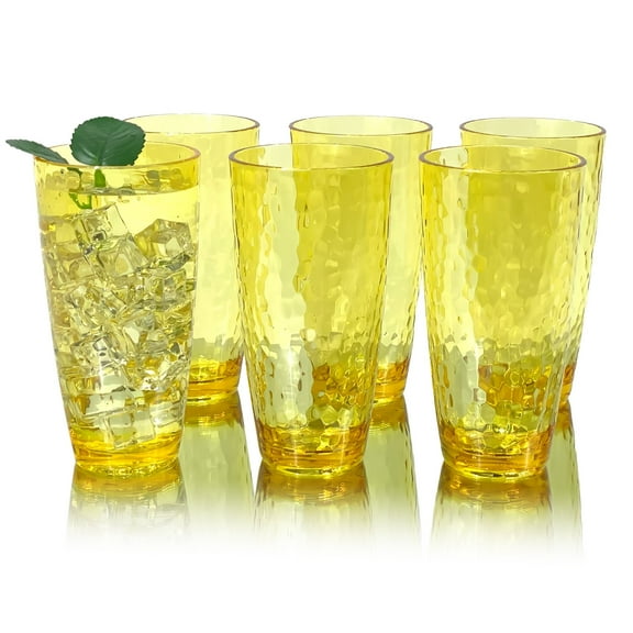 Set of 6 Hammered Style Drinking Cups 26-Ounce Large Acrylic Glasses Plastic Tumbler,BPA Free (Yellow)