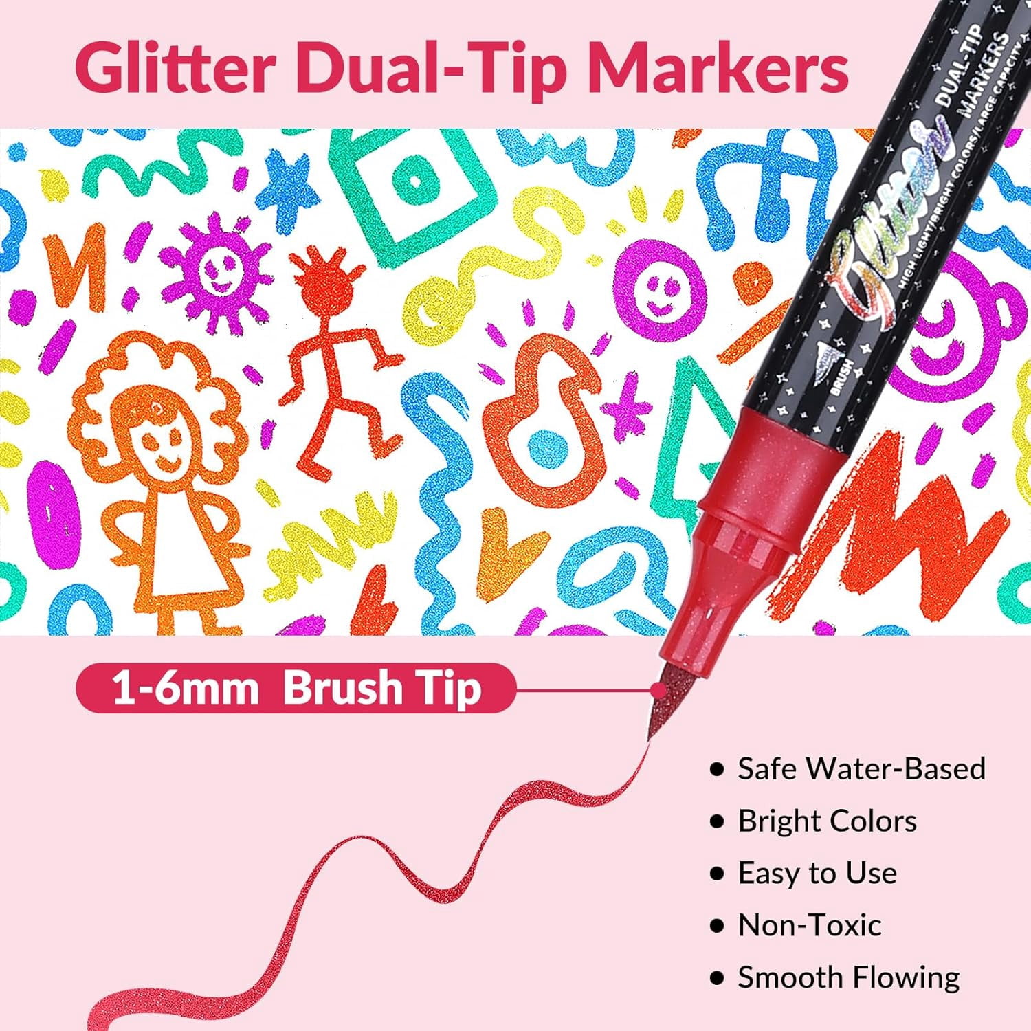 Glitter Effect Brush Marker Set, Dual Tip Pens with Metallic Sparkle for Drawing, Card Making, DIY Crafts & Adult Coloring Books
