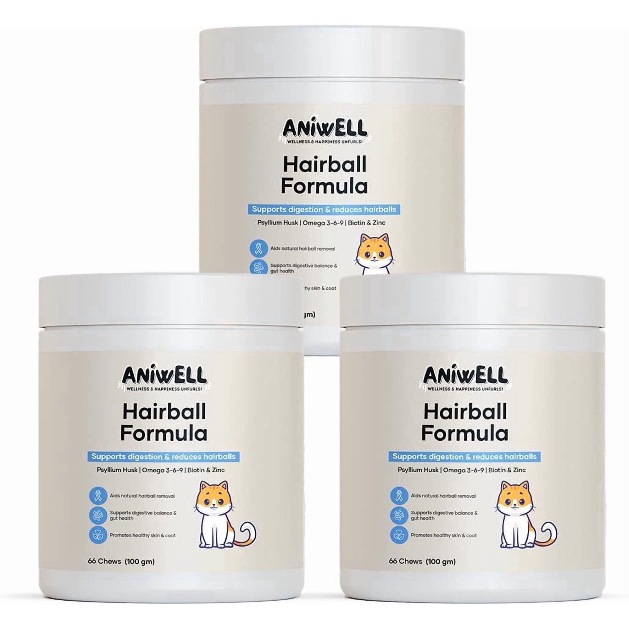 Aniwell Hairball Formula for Cats – Soft Chews with Omega-3 & Biotin | Cat Hairball Remedy & Digestive Support | Supports Skin and Coat Health | Daily Cat Supplement (Pack of 3)