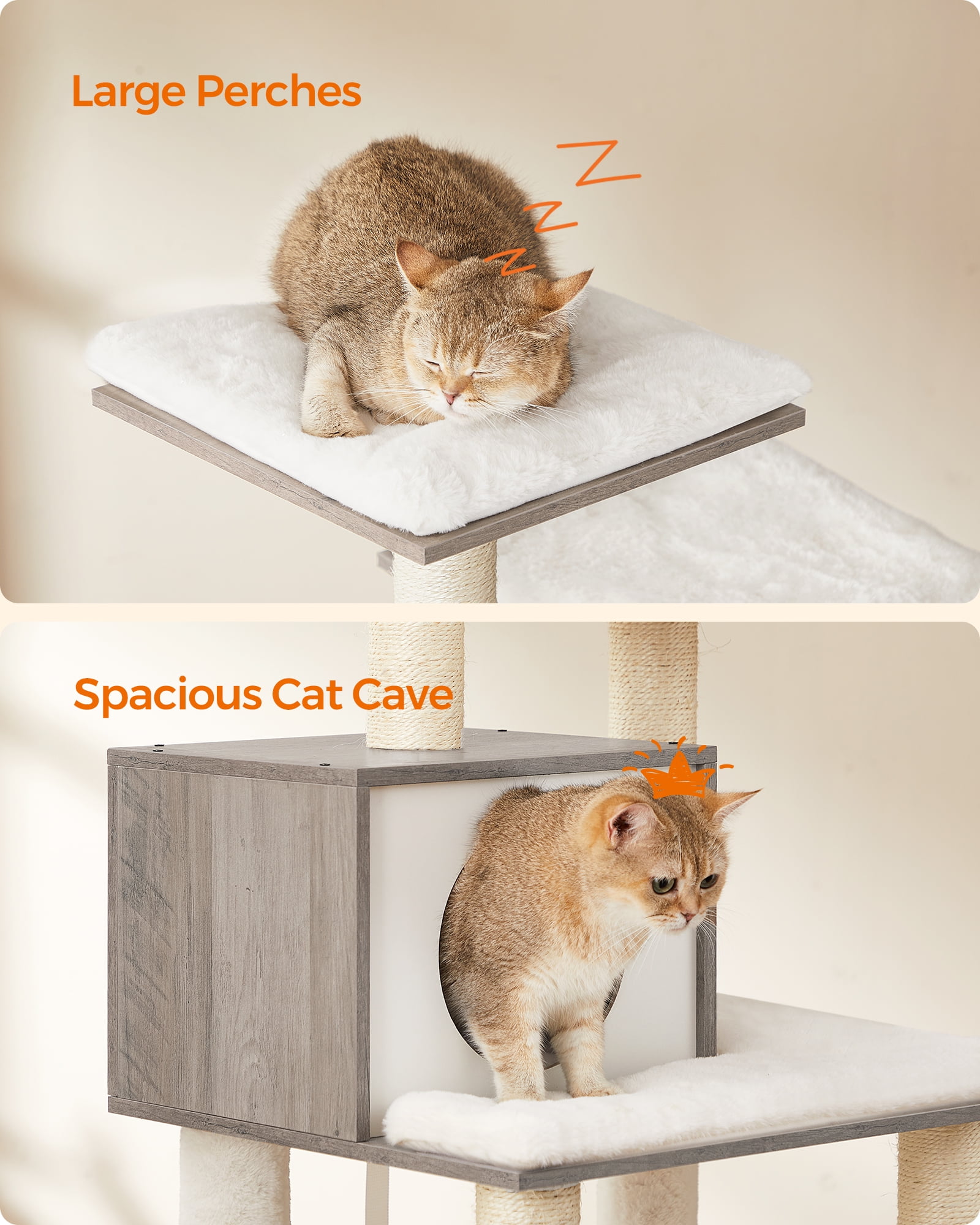 Cat Tree, 54.3-Inch Cat Tower with Scratching Posts, Hammock, Cat Cave, Padded Perches, Wooden Cat Condo, Heather Greige
