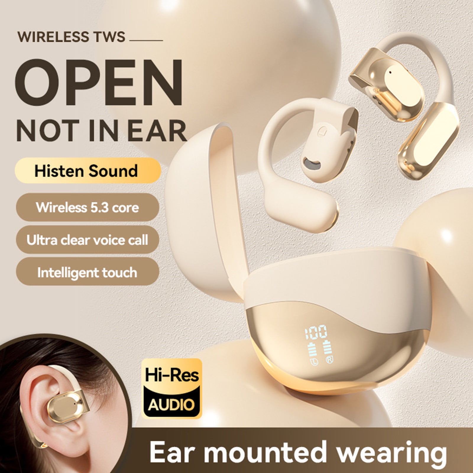 Open Ear Wireless Headphones Bluetooth Sport Headset Ear Clip-On Earbuds with Microphone for Noise Call, IPX6 Water-Resistant, Air Conduction Wireless Headset for Running, Cycling