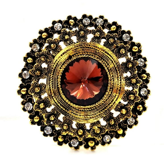 Vintage Big Brown Glass Stone Round Sash Brooch Pin Art Nouveau Jewelry