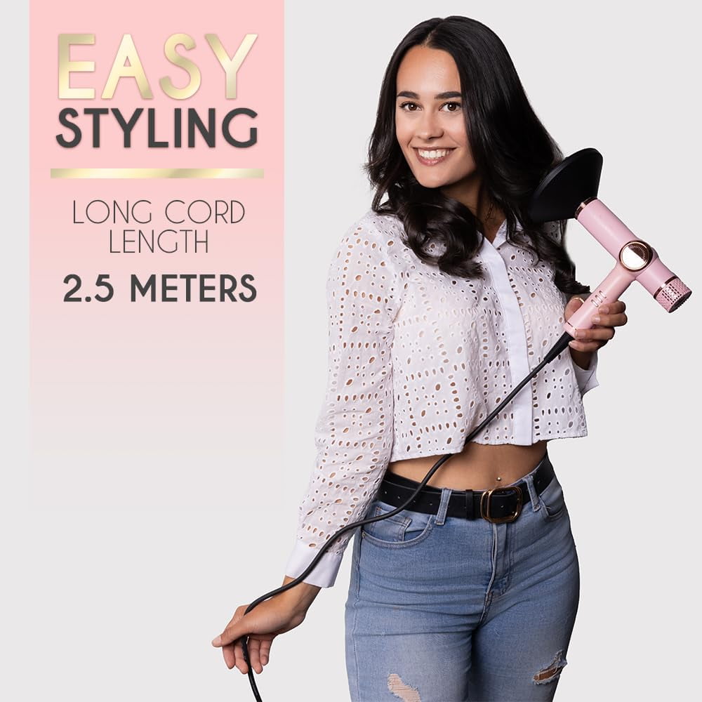 ELLA BELLA® Professional Ionic Hair Dryer with Diffuser, Negative Ion Blow Dryer, Suitable All Hair Types • Intelligent Heat Control & Rapid Drying Speeds • Lightweight Design & Low Noise (Pink)