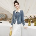 thumbnail image 3 of New Chinese style disc button denim splicing jacket for women spring petite short denim jacket Beige XL, 3 of 12