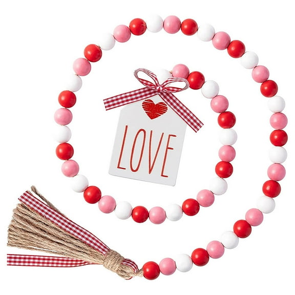 Goowood Valentine's Day Farmhouse Wooden Bead Garland Tassel Pendant for Home Decor and Party in Wood 1 piece