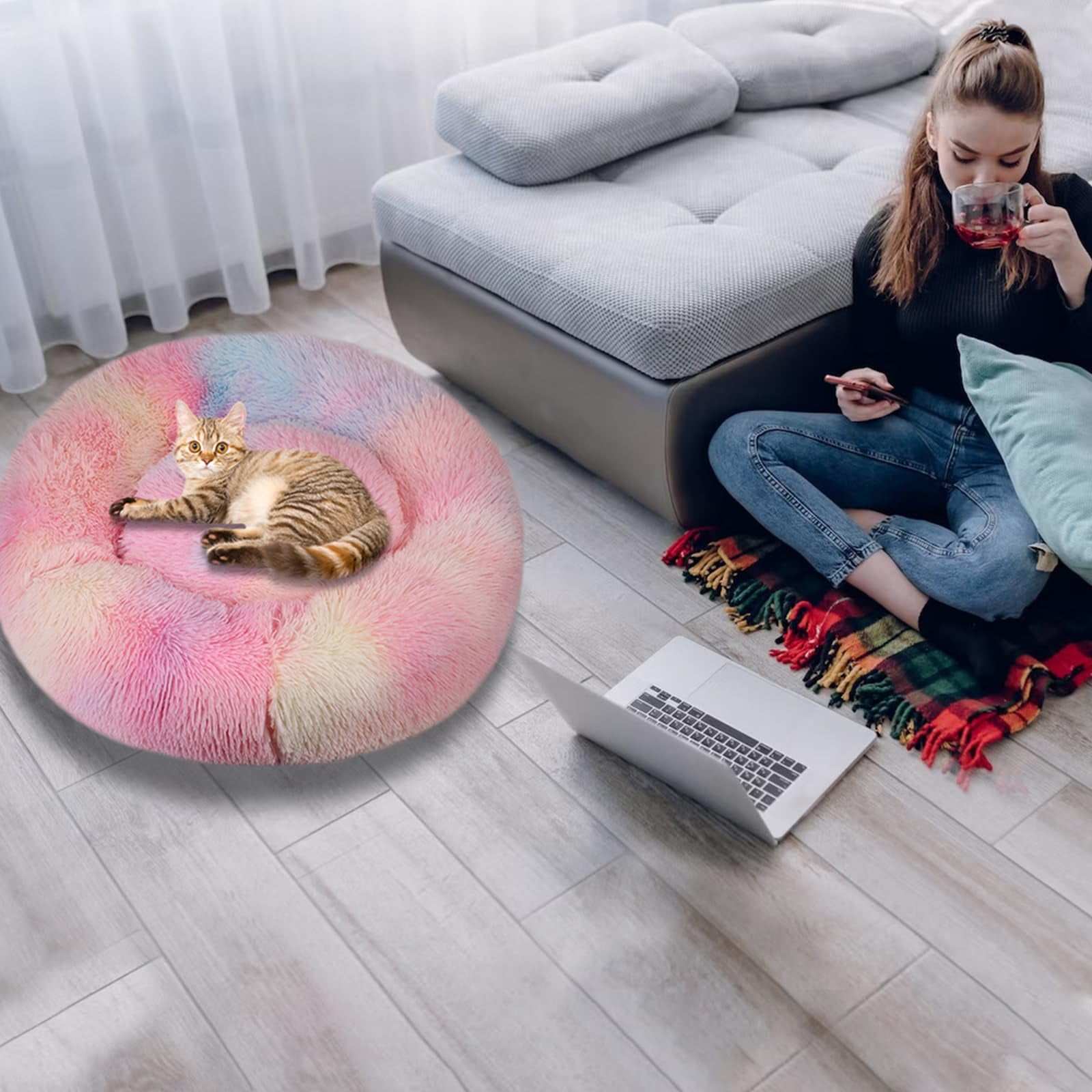 Nisrada 24 inch Calming Donut Dog/Cats Bed Medium Washable, Soft Warm Cozy Plush Round Fluffy Pet Bed, Rainbow
