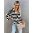thumbnail image 6 of Womens Striped Sweater Coat Casual Long Sleeve Open Front Button Down Loose Knit Cardigan Fall Black M, 6 of 8