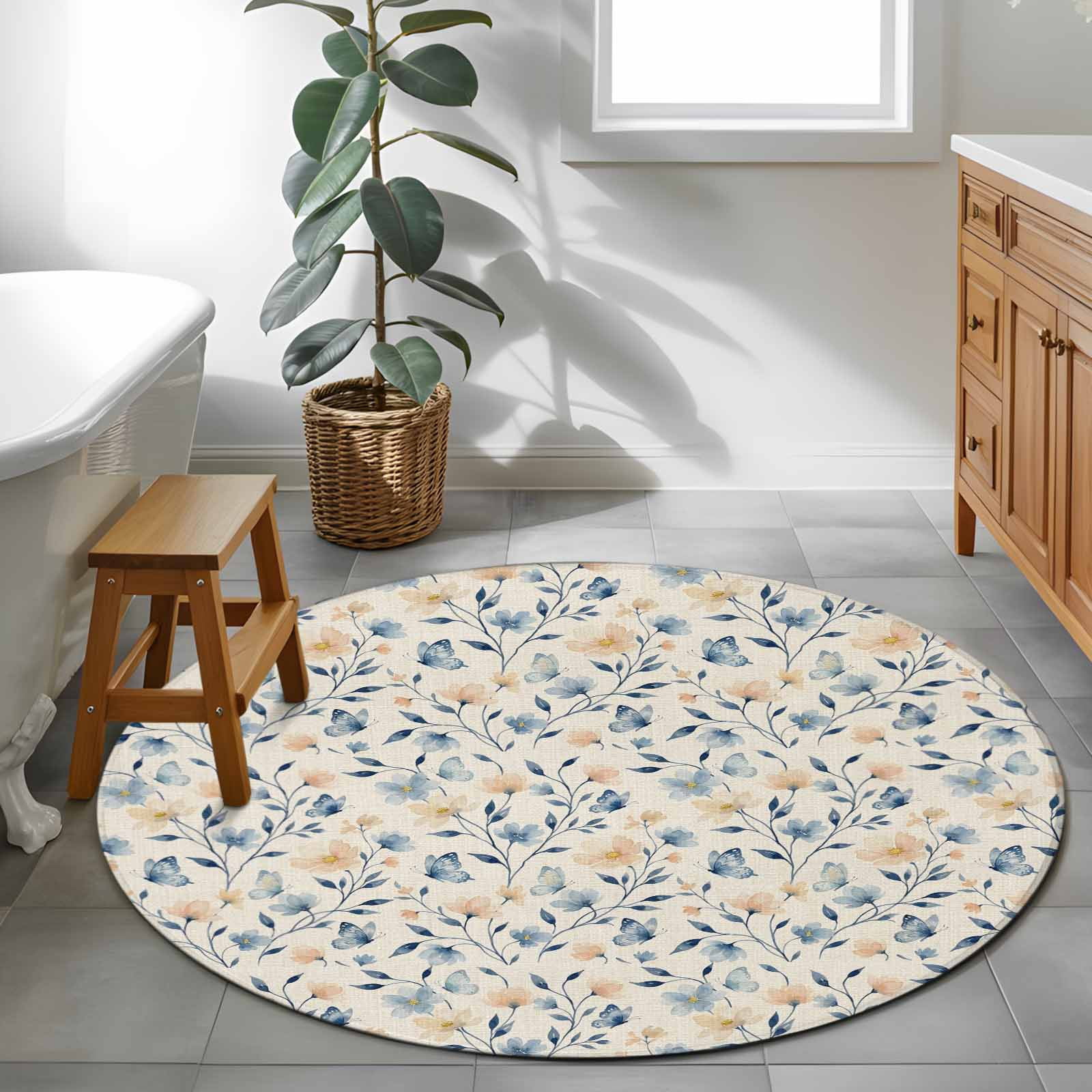 Round Area Rugs Collection 3 Ft, Blue Pink Flowers Non-Slip Residential Carpet, Spring Floral Elegant Pastoral Rustic Indoor Crawling Mats Doormat Runner Rugs Play Mat forBedroom