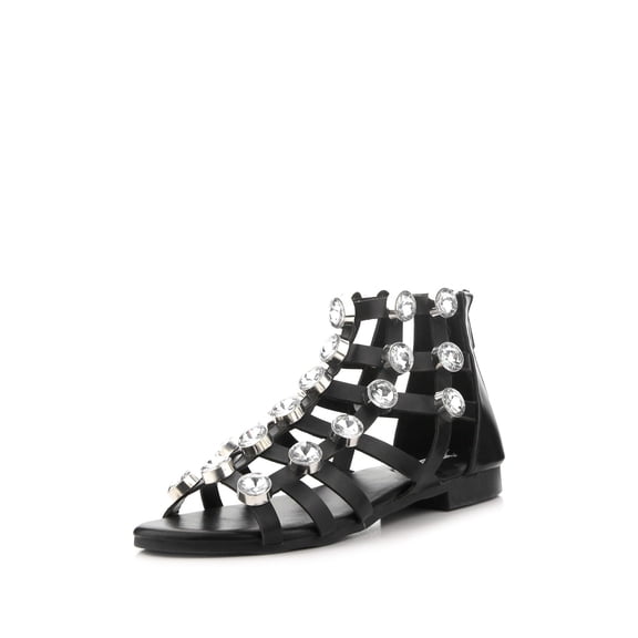 Cape Robbin OMH-24 Black Vegan Leather Big Gems Rhinestone Caged Flat Sandals