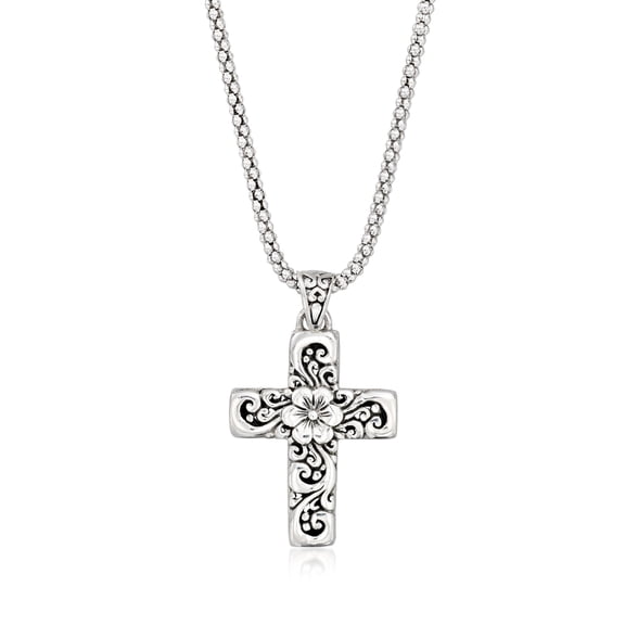 Ross-Simons Sterling Silver Bali-Style Floral Cross Pendant Necklace, Women's, Adult