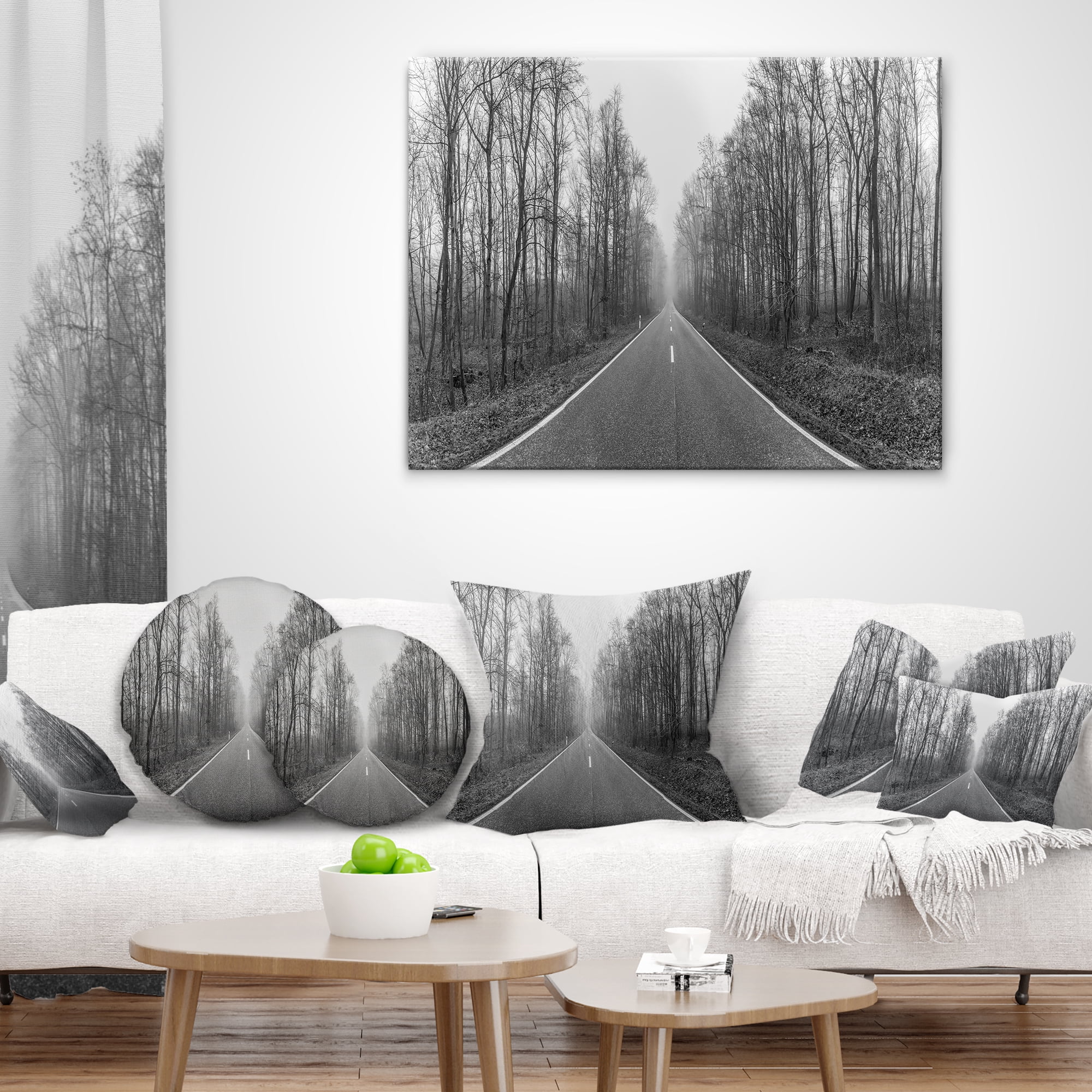 Designart Black and White Freeway in Forest - Landscape Printed Throw Pillow - 18x18