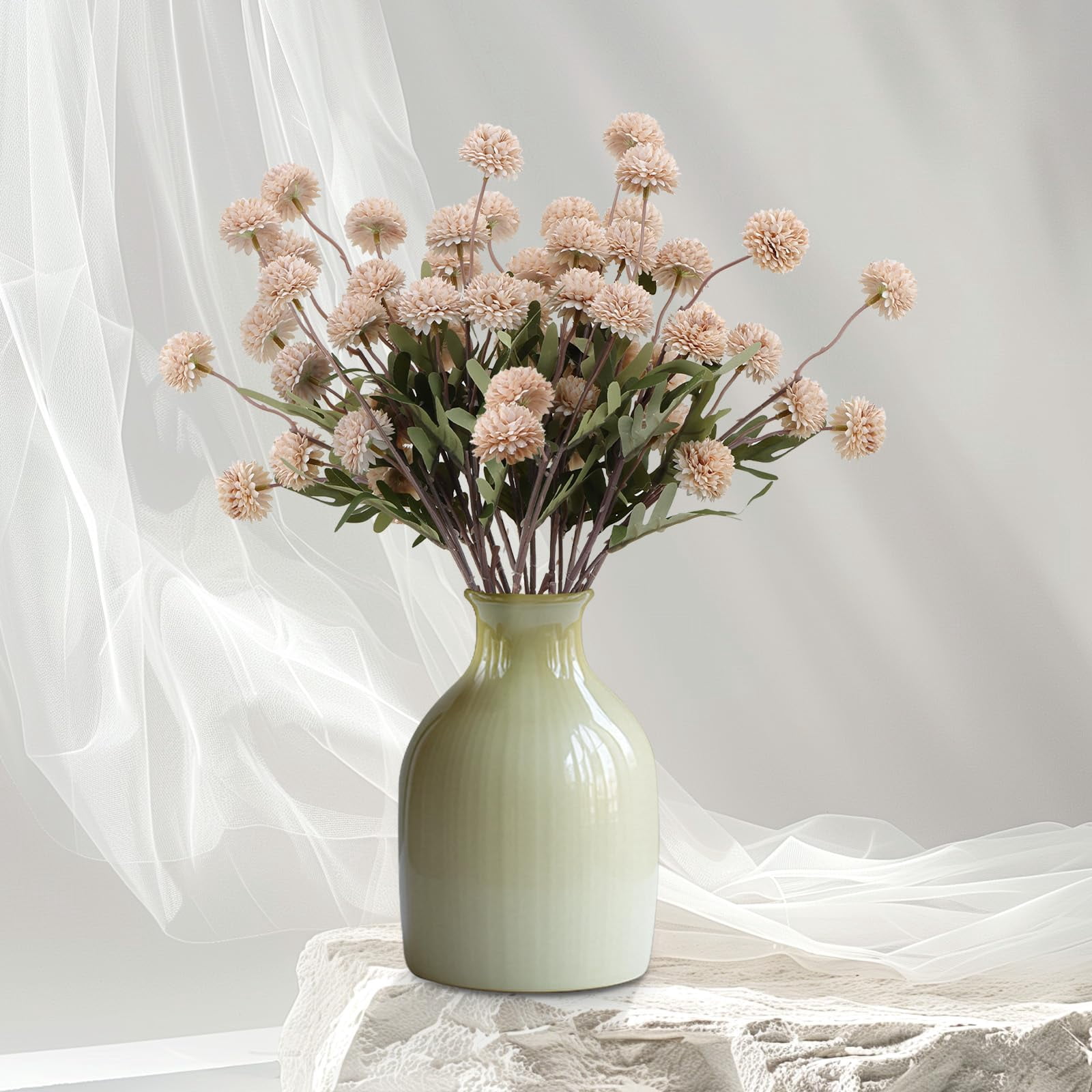 Trianu 6Pcs Artificial Silk Pompon Mum Flowers, Fake Small Chrysanthemums with Stems for DIY Bouquet Centerpieces Wedding Fillers Arrangements Shower Decorations, Beige