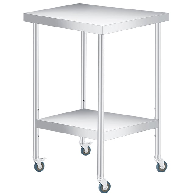 Table d'Appoint Roulante à 2 Niveaux en Acier Inoxydable – Tablette de Rangement Ajustable, Table de Préparation Robuste pour l'Extérieur et la Cuisine avec Roues – Chariot Utilitaire Résistant à la Rouille pour Patio, Maison – Double Couche, Taille : 24x24x35 Po