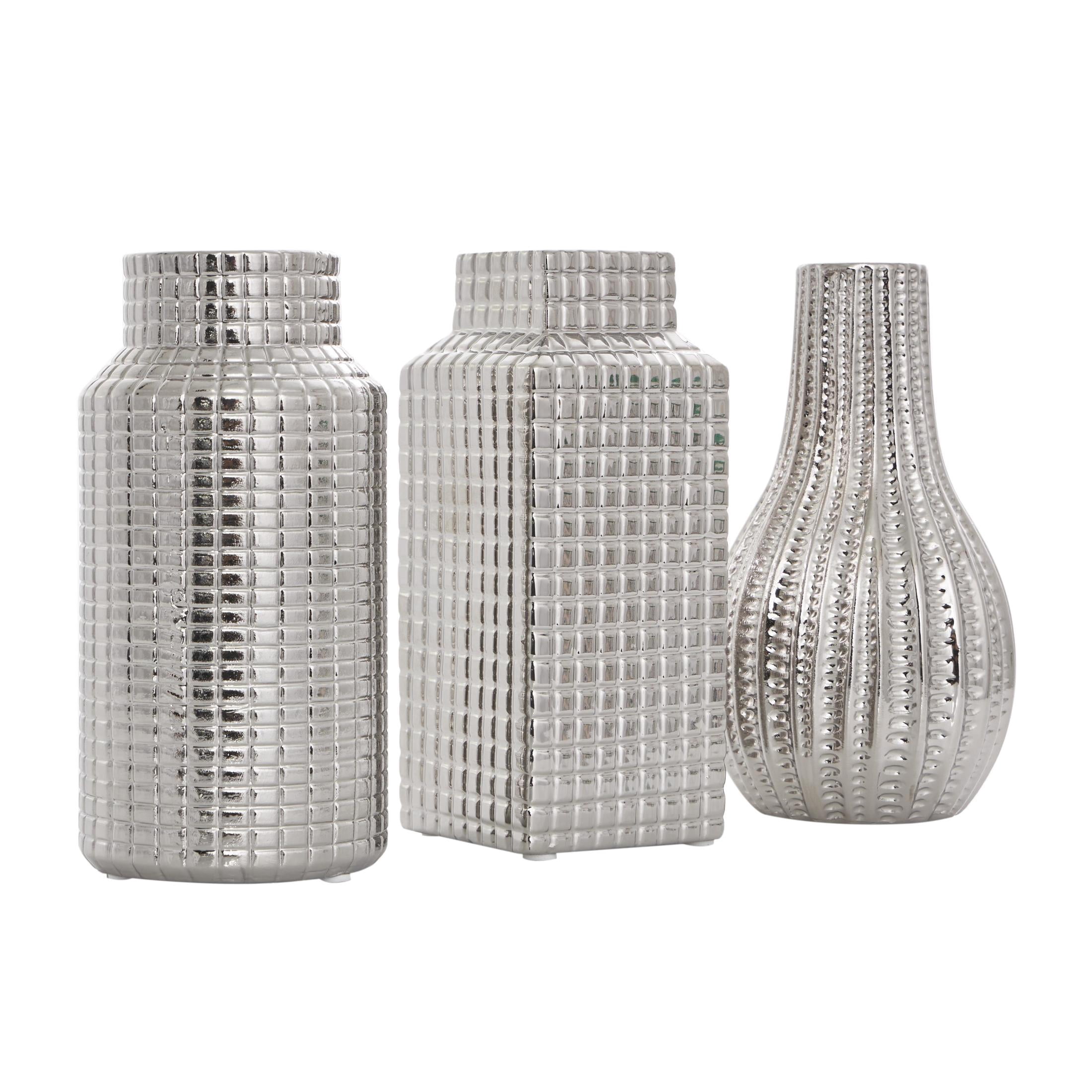 DecMode 3"W, 8"H Geometric Dimensional Textured Silver Ceramic Vase with Varying Shapes and Grid Patterns, Set of 3