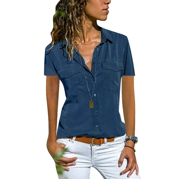 Julycc Womens Short Sleeve Blouse Collared V Neck Button Down Shirt Tops
