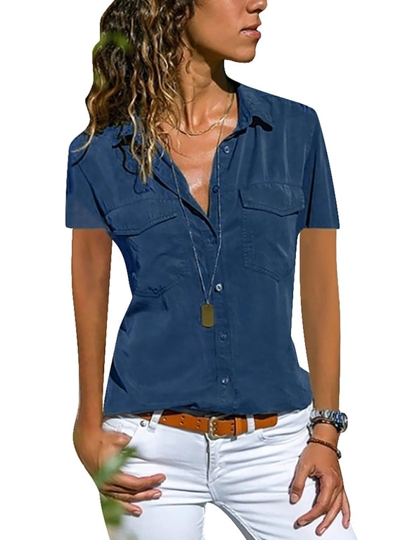 Womens Short Sleeve Blouse Collared V Neck Button Down Shirt Tops