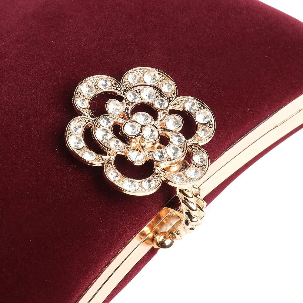 Kwuty Velvet Evening Bags For Women With Flower Closure Rhinestone Crystal Embellished Clutch Purse For Party Wedding