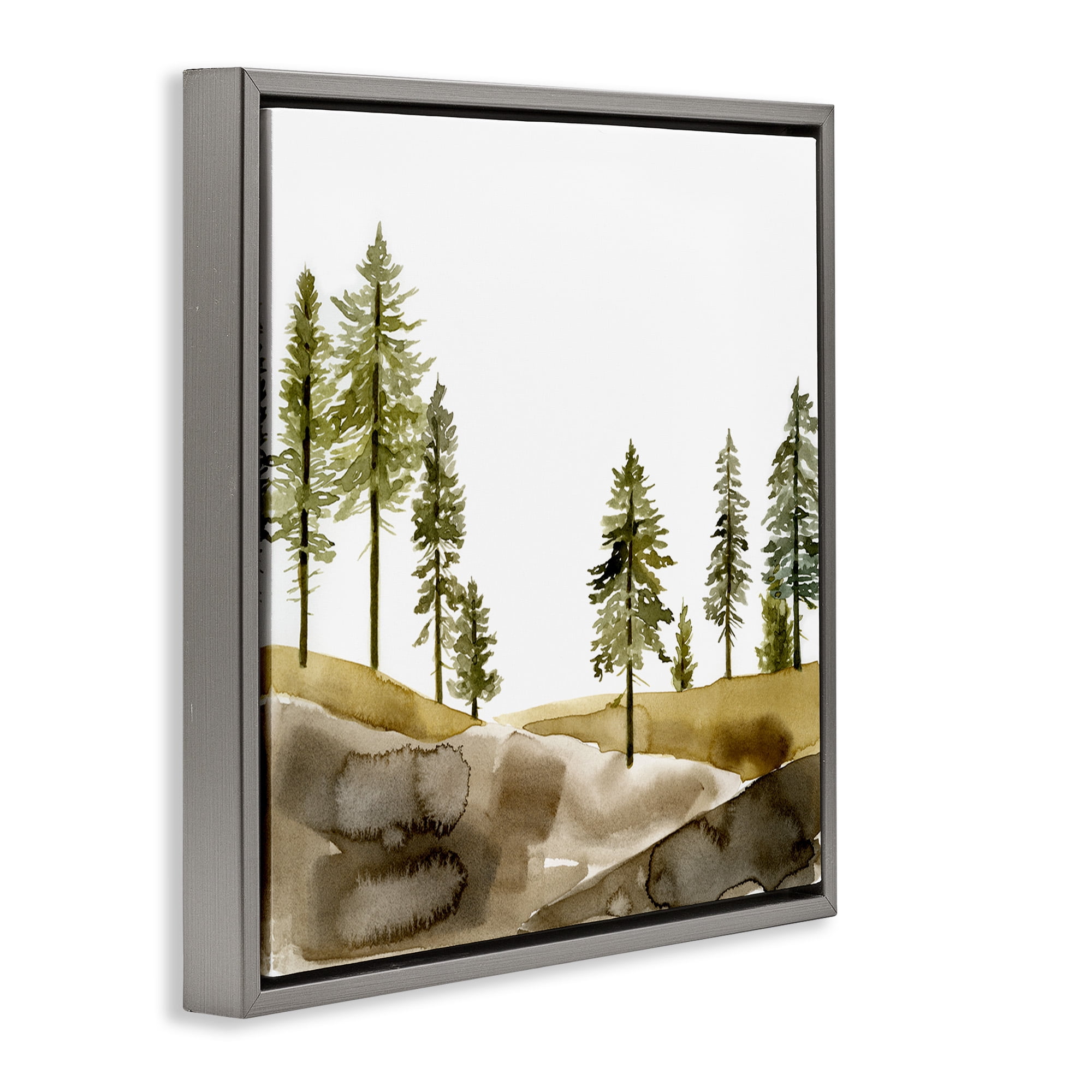 Stupell Industries Pine Tree Forest Watercolor Landscape Painting Gray Floater Framed Canvas Art Print Wall Art, 18 x 18