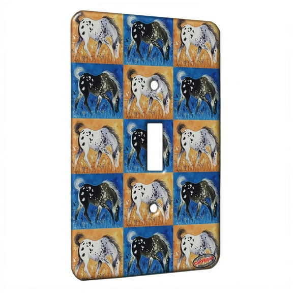 KuzmarK™ Single Gang Toggle Switch Wall Plate - Blue Roan Appaloosa Colt with Wildflowers Horse Pattern Art by Denise Every
