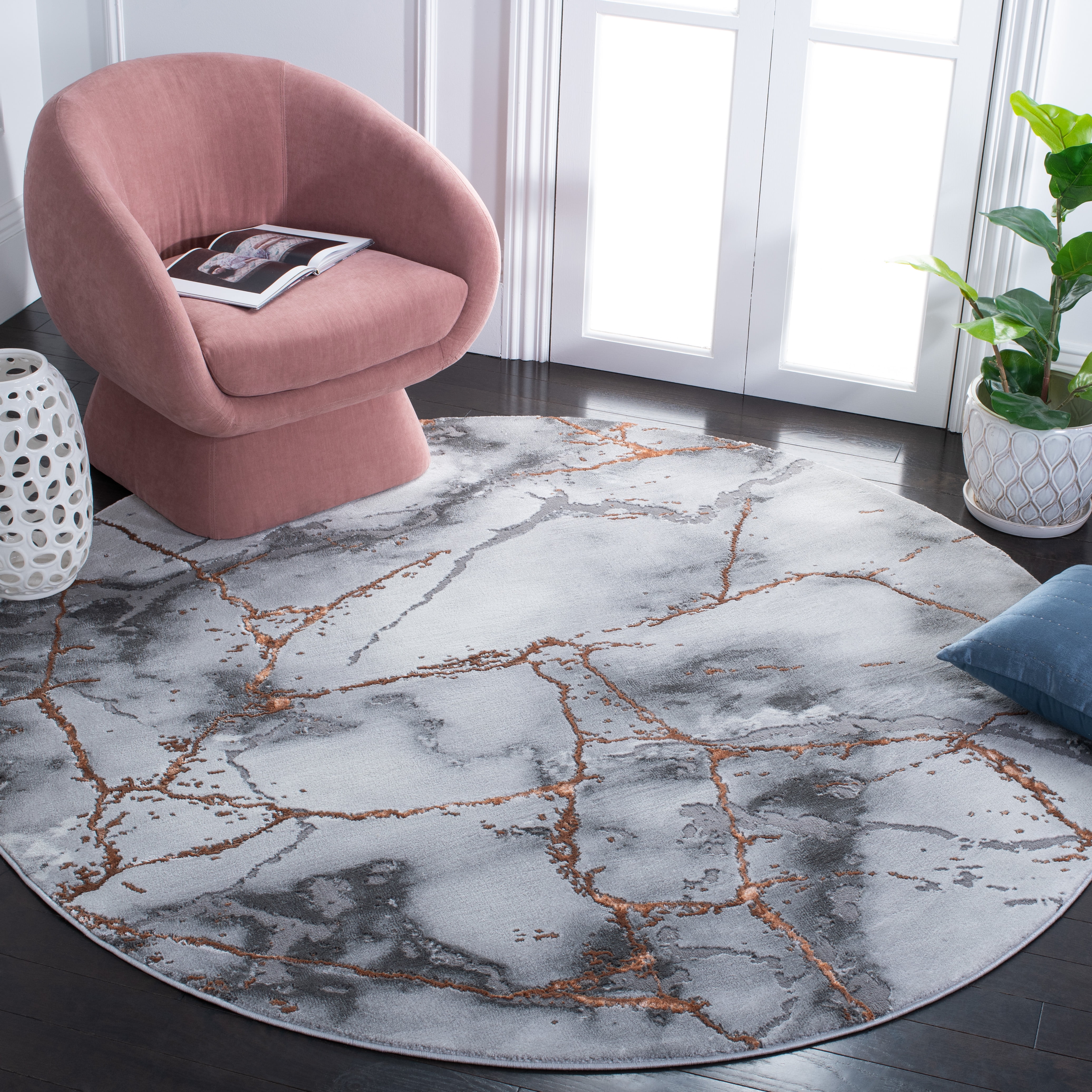 SAFAVIEH Craft Paul Abstract Area Rug, Grey/Orange, 4' x 4' Round