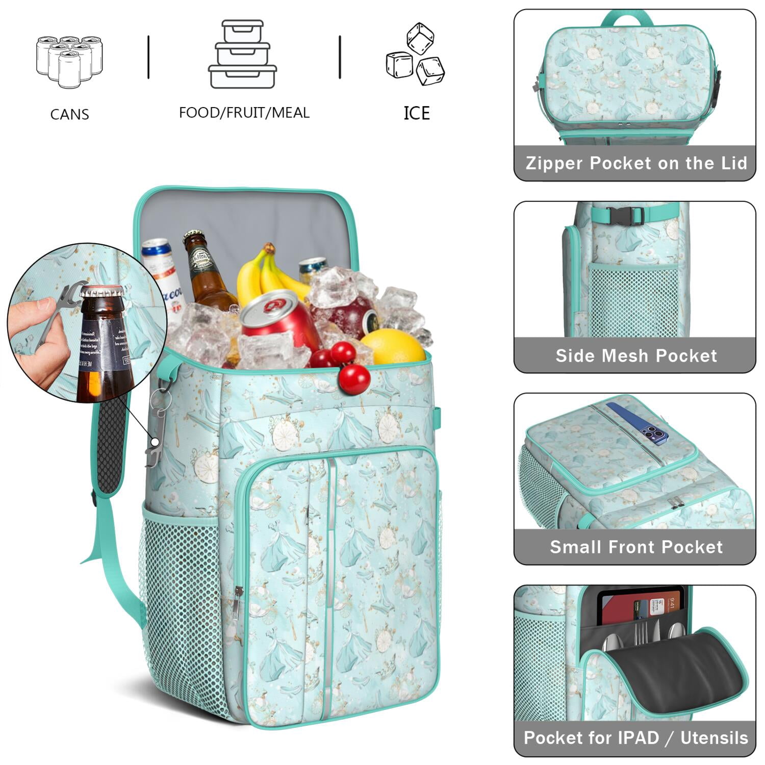 Travel Cooler Bag - Princess Pattern Camping Beer Cooler Backpack with Bottle Opener- Waterproof Insulated Picnic Backpacks - Cooler Bag for Beach