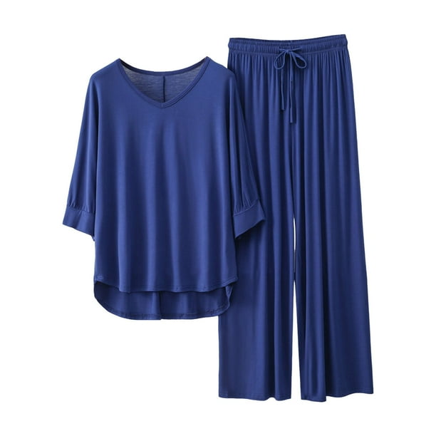 Conjunto de pijama de manga 3/4 para mujer: top con cuello en V y pantalones con cintura elástica, tejido de poliéster, ropa informal para estar por casa - Tallas L/XL