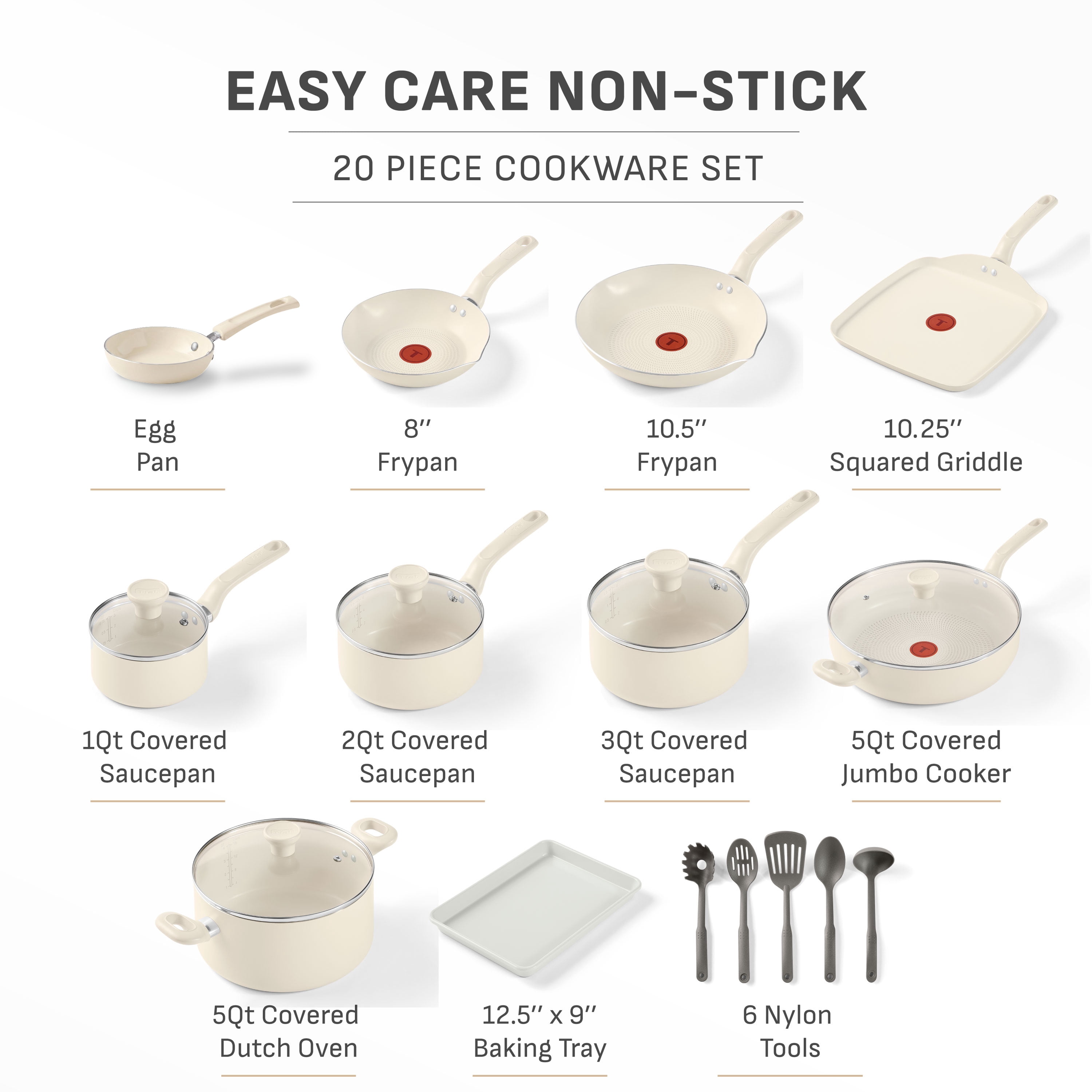 T-fal Easy Care 20 Piece Nonstick Cookware Set, Pots and Pans, Beige