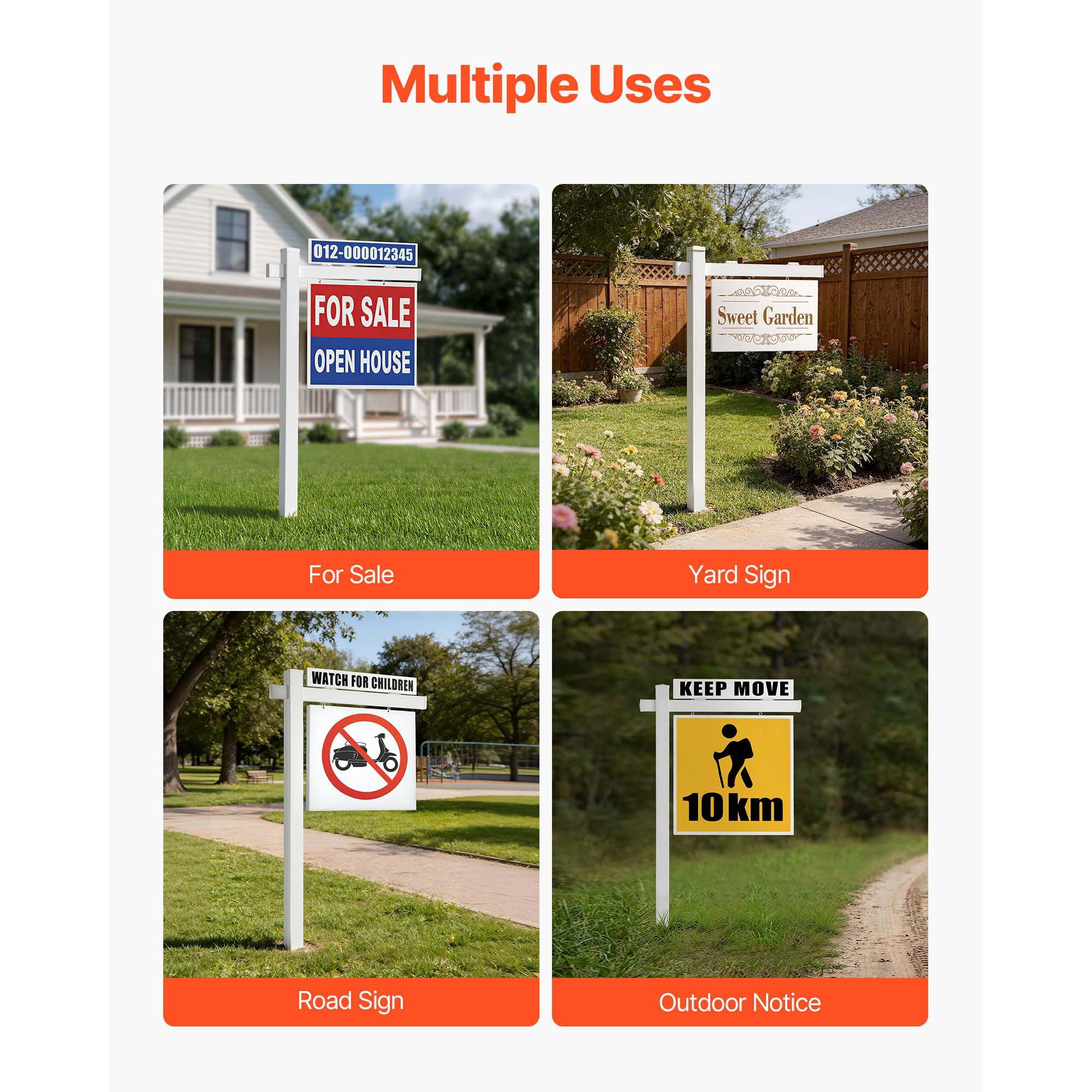KFFKFF 6 ft Real Estate Sign Post, PVC Yard Sign Holder with 47 in Arm for Signs up to 36 in, Easy Installation, Wind-Resistant, Suitable for Open House, Home, Outdoor Use, White (No Signs Included)