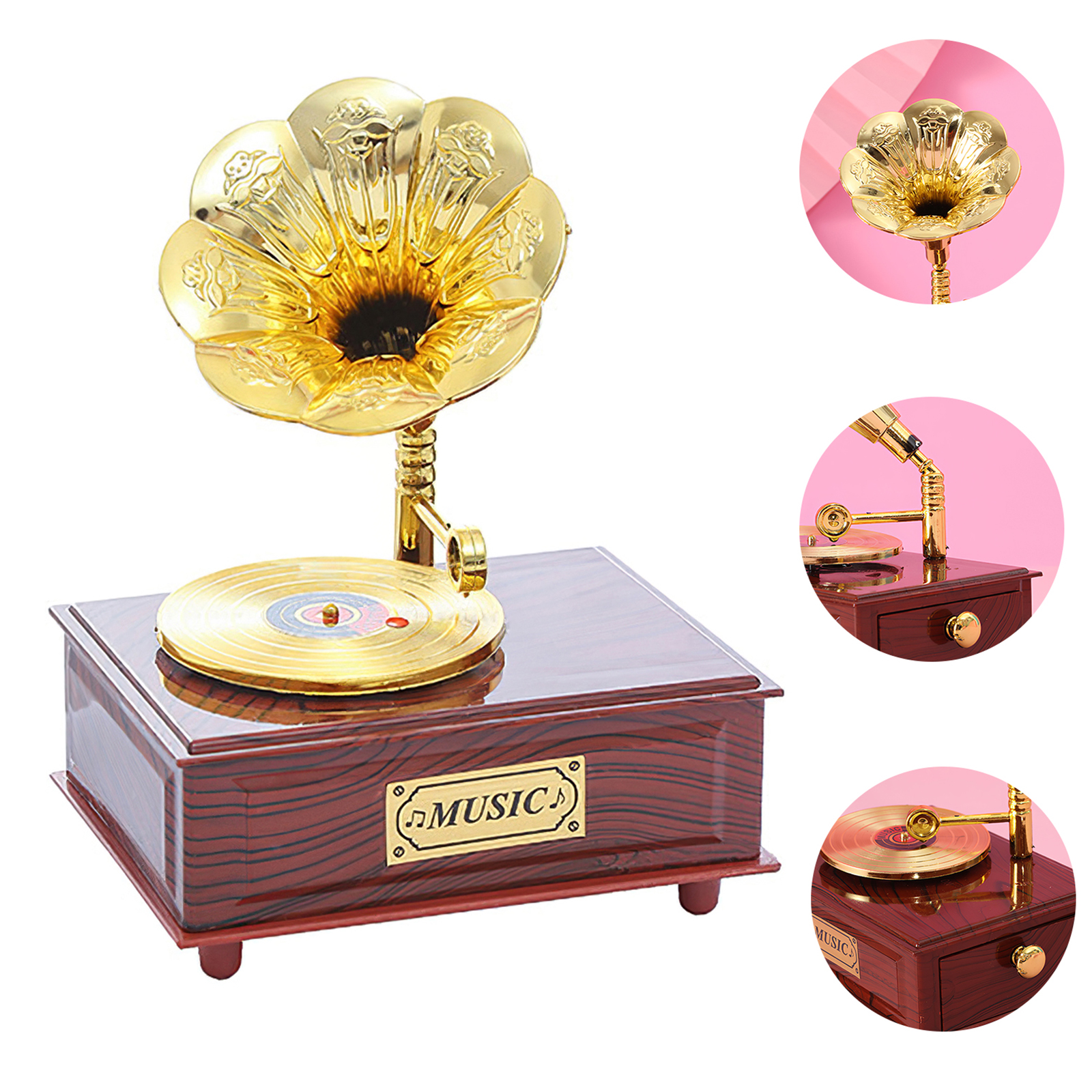 Phonograph Shaped Music Box Classical Trumpet Horn Turntable Gramophone