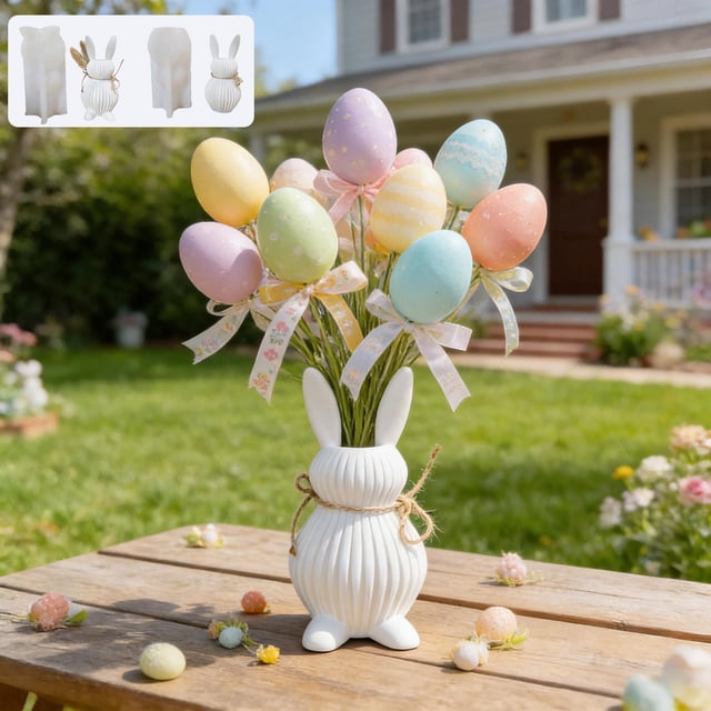 Silicone Mold Silicone Rabbit Vase Mold DIY Plaster Ornament for Easter and Holiday Decorations(White,1-Piece) Rkxzt