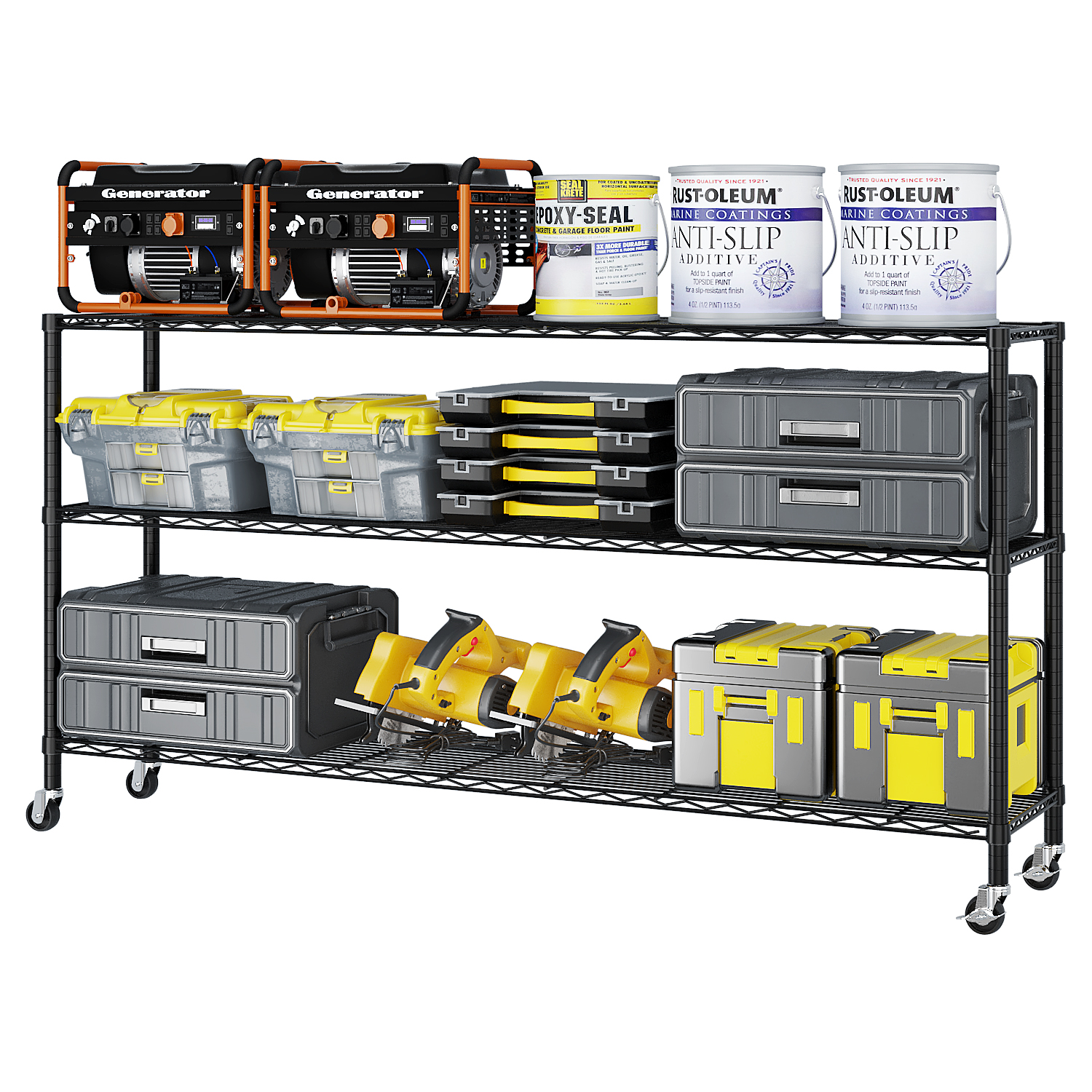6-Tier Modular Adjustable Storage Shelving Unit Black Powder-Coated Iron Heavy Duty Rack with Locking Casters & Leveling Feet for Warehouse Garage Retail Home