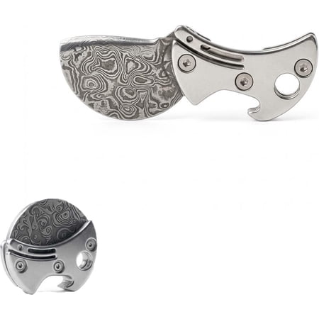 Mini Titanium EDC Utility Cutter & Bottle Opener - Damascus Pattern Pocket Multitool with Finger Grip for Hiking Travel (1 Pc)