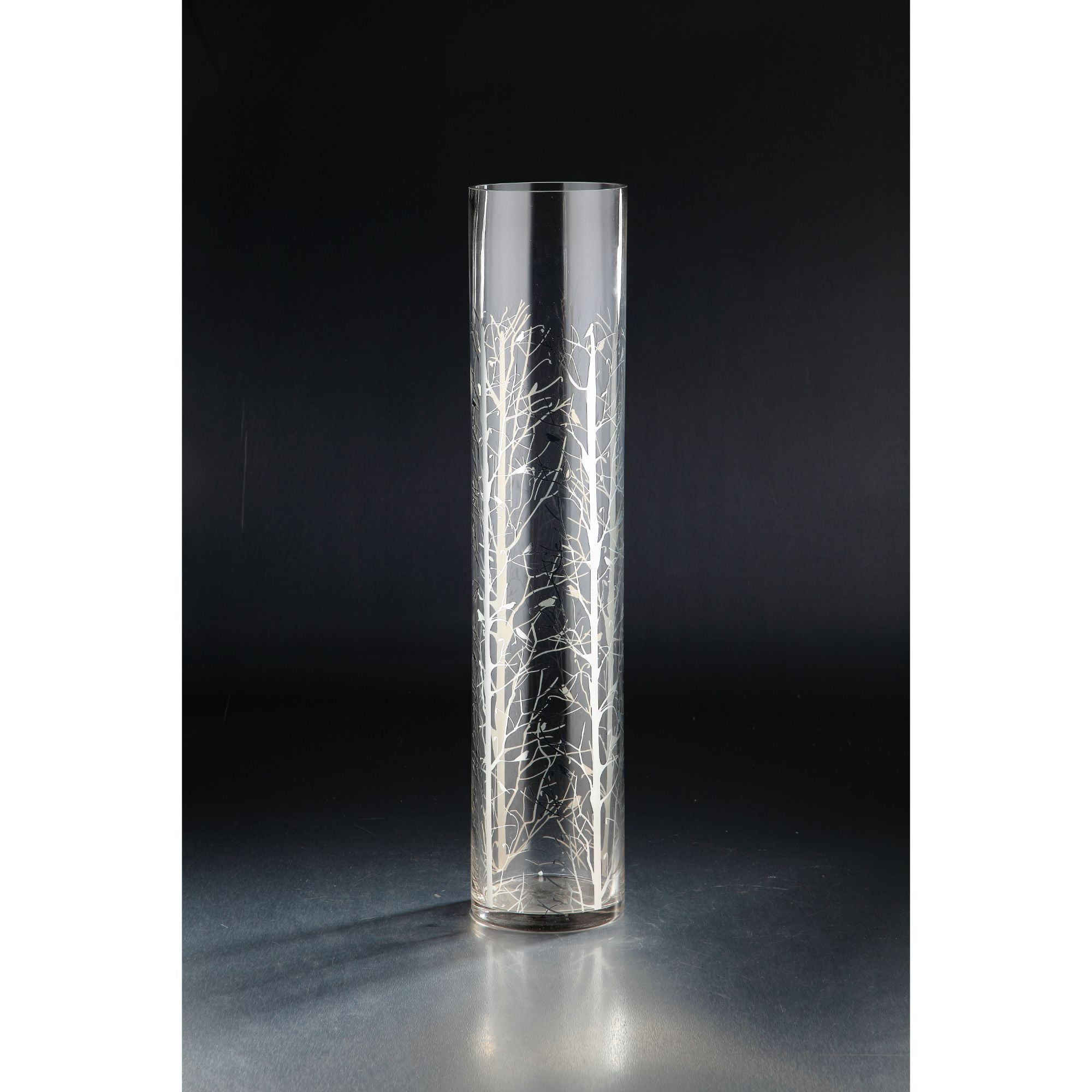 24" Silver Colored Branch Print Cylindrical Tabletop Glass Vase
