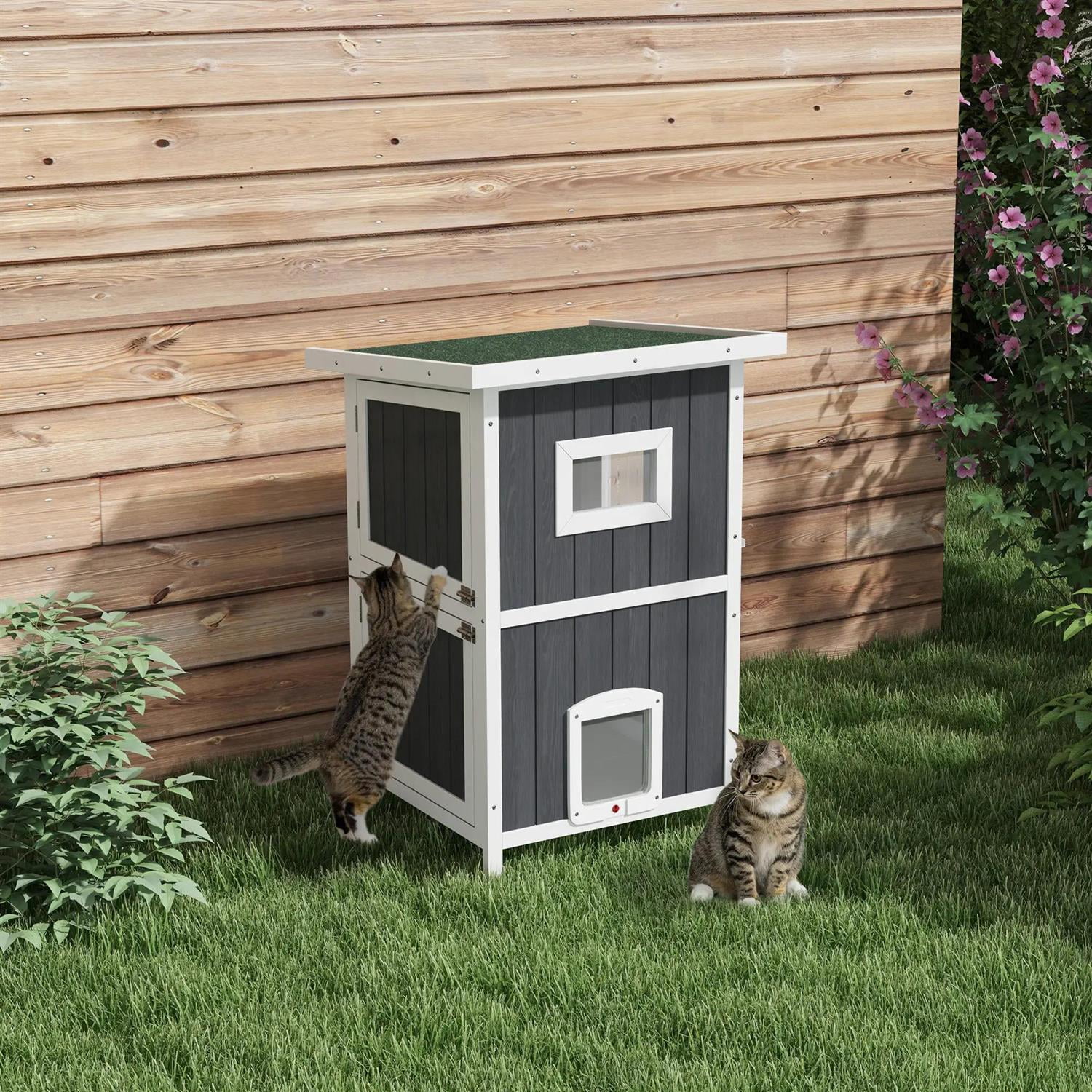 Pefilos Outdoor Weatherproof Cat House with Removable Floor, Escape Doors, Wooden Feral Shelter for Cats and Small Animals, Gray