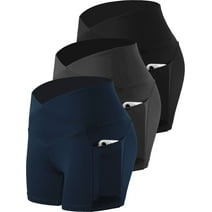 Cadmus Women's High Waist Tummy Control Yoga Shorts 4"/8" Spandex Compression Biker Shorts Side Pockets, Black & Grey & Navy Blue,Medium