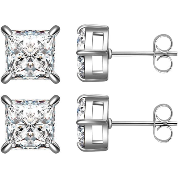 Stainless Steel Princess Cut Style Cubic Zircon Classic Stud Earrings