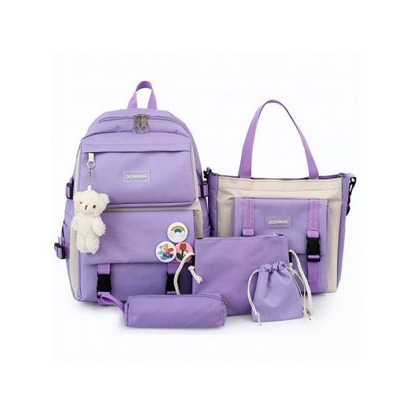 Set de Mochila Bolsas Petukita Box Escolar Estudiante Lapicera Tote Lona Lila