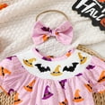 thumbnail image 4 of Gvdentm Baby Girl Halloween Outfit Long Sleeve Bubble Romper Fall Winter Pumpkin Print Smocked Bodysuit(Purple,12-18 Months), 4 of 8