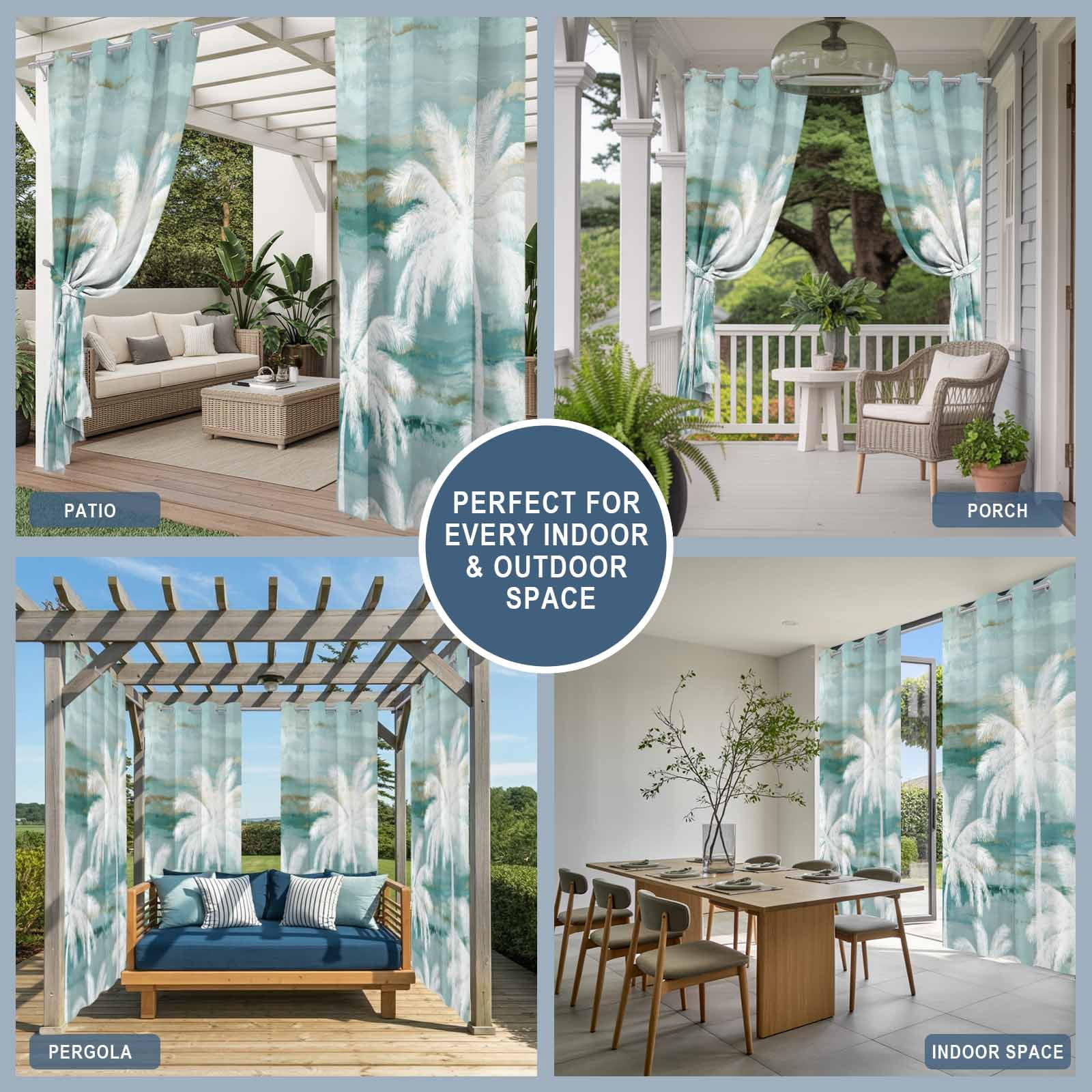 Summer Palm Trees Outdoor Curtains for Patio, Tropical Coastal Rustic Turquoise Abstract Sunshade Privacy Drapes Grommet Waterproof Outside Curtains for Porch/Cabana/Balcony 54"x 108", 1 Panel