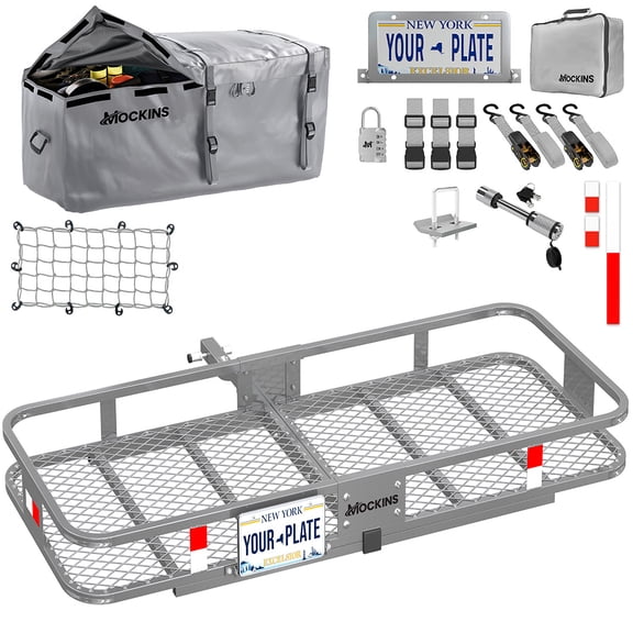 Mockins 60"x20"x6" Rear Hitch Cargo Carrier with 16 Cu ft. Gray Cargo Bag and Accessories