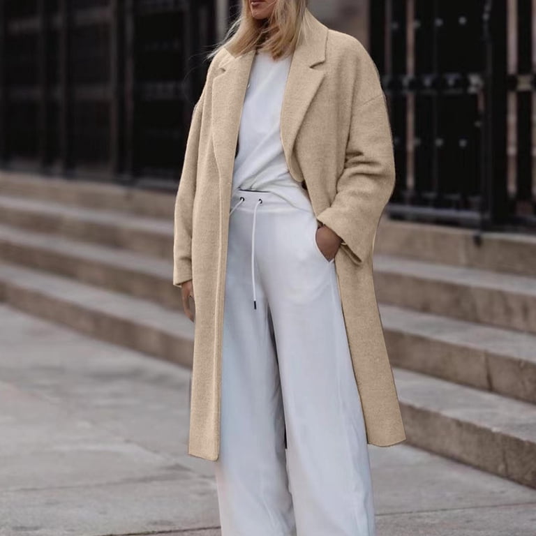 Herrnalise Womens Long Double Breasted Coats Lapel Collar Wool Blend Pea Coat Winter Slim Fit Jackets Trench Coat Outwear White,M