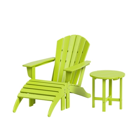 Westin Outdoor 3-Pieces Adirondack Chair with Ottoman & Side Table Set Included HDPE Plastic UV Weather Resistant Lime Green