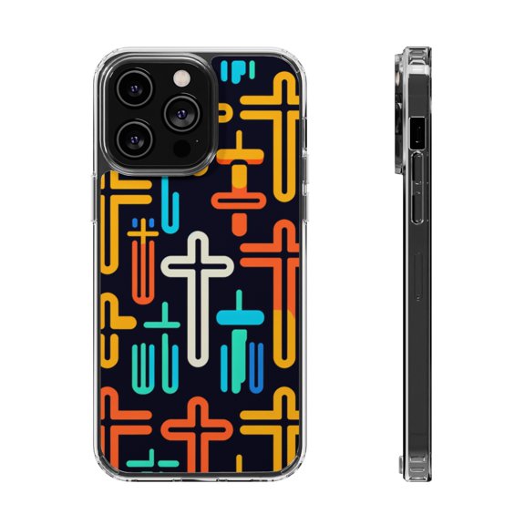 DistinctInk Hybrid (Acrylic / TPU) Clear Slim Fit Case for Apple iPhone 15 Pro MAX (6.7" Screen) - "Vibrant Minimalistic Christian Crosses on Black"