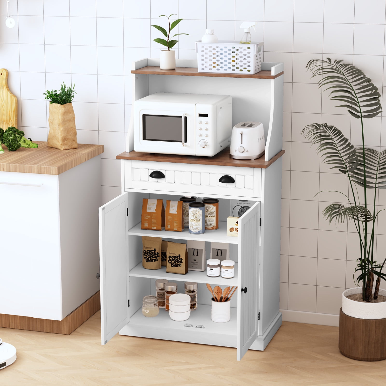 Kitchen Microwave Pantry Storage Cabinet with Drawers & Cabinets for Kitchen Organization, White