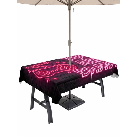 Outdoor Tablecloth with Umbrella Hole for Patio/Picnic/Party/Camping, Neon Video Game Waterproof Table Cloth Rectangle Table Cover Washable, Pink Text Graffiti Brick Art Black (52"x 70")