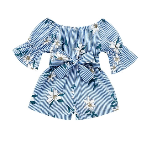

Youmylove Children Kids Toddler Infant Newborn Baby Girls Short Ruffle Sleeve Floral Striped Bowknot Jumpsuit Outfit Clothes Spring Clothing Set