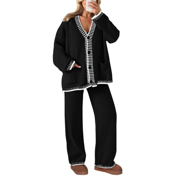 Conjunto Lounge PRETTYGARDEN Cardigan Negro y Pantalón de Pierna Ancha XL