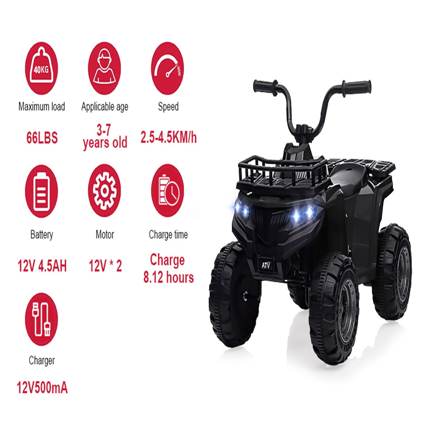 Sakiyr 12V Kids Ride On ATV, Battery Powered Electric Vehicle with Led Light, 4-Wheeler Quad ATV Play Car 2 Speeds for Boys Girls